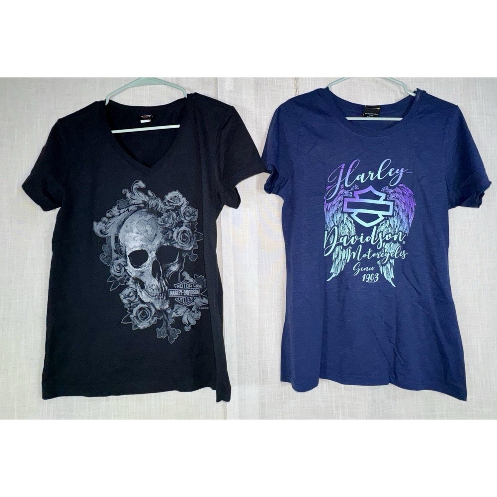 Harley Davidson Lot of 2 Women's T-Shirts M Medium Blue Black Skull